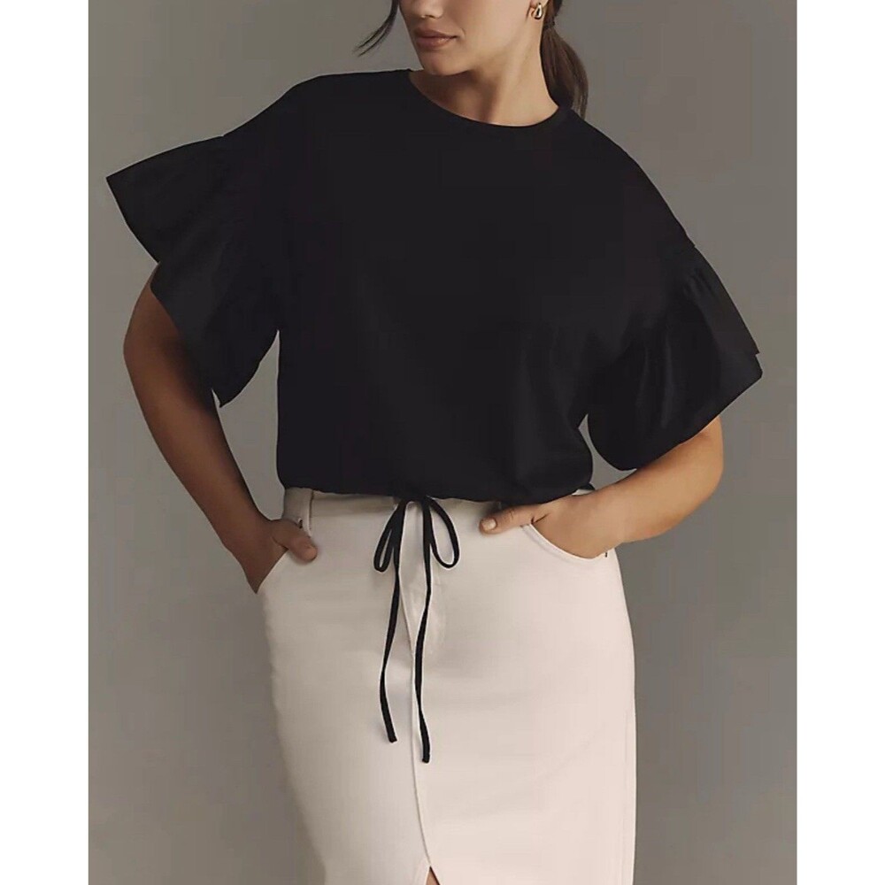 maeve anthropologie black ruffle sleeve T-shirt Size Small 100% Cotton